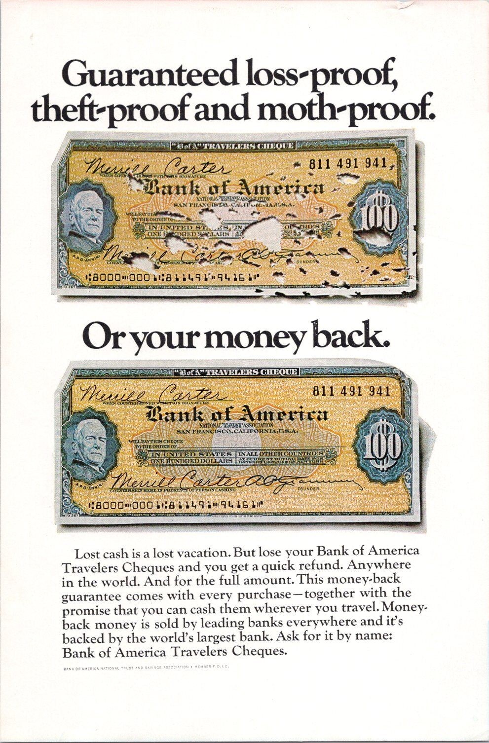 Bank of America 1970 Vintage Print Ad Travelers Cheques Money Back