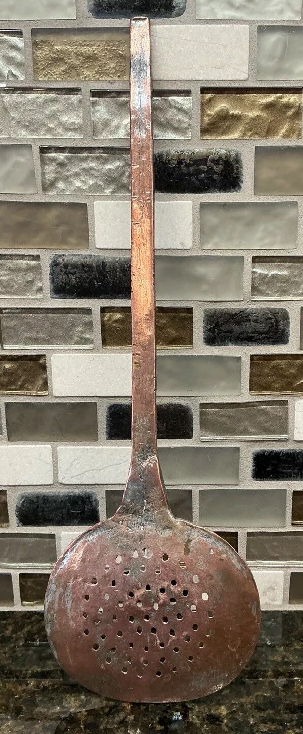 Hammered Brass Slotted Spoon Hand Made Decorated Handle Rustic Farmhouse 13 in