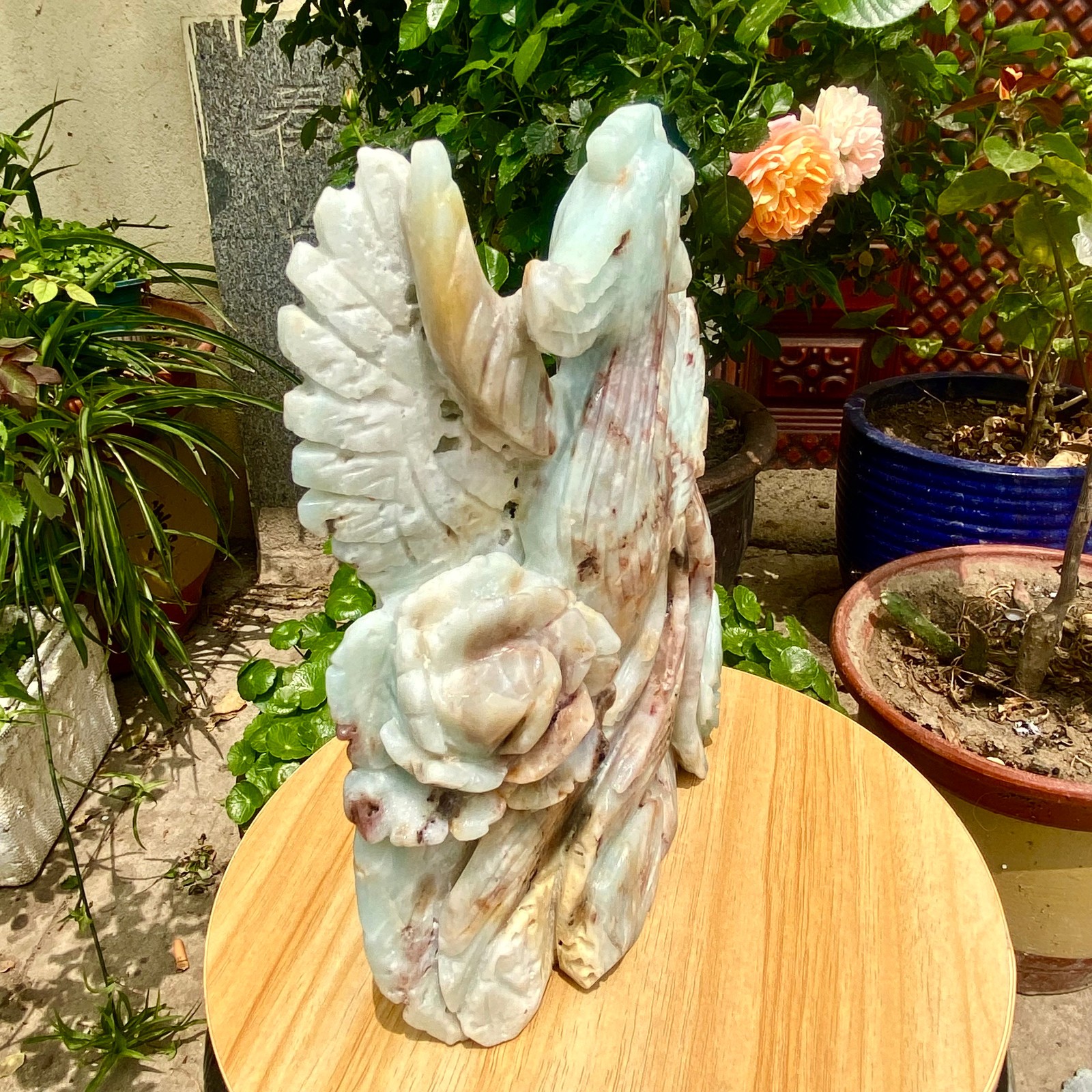 6.61LB Natural blue patterned carved phoenix ornament