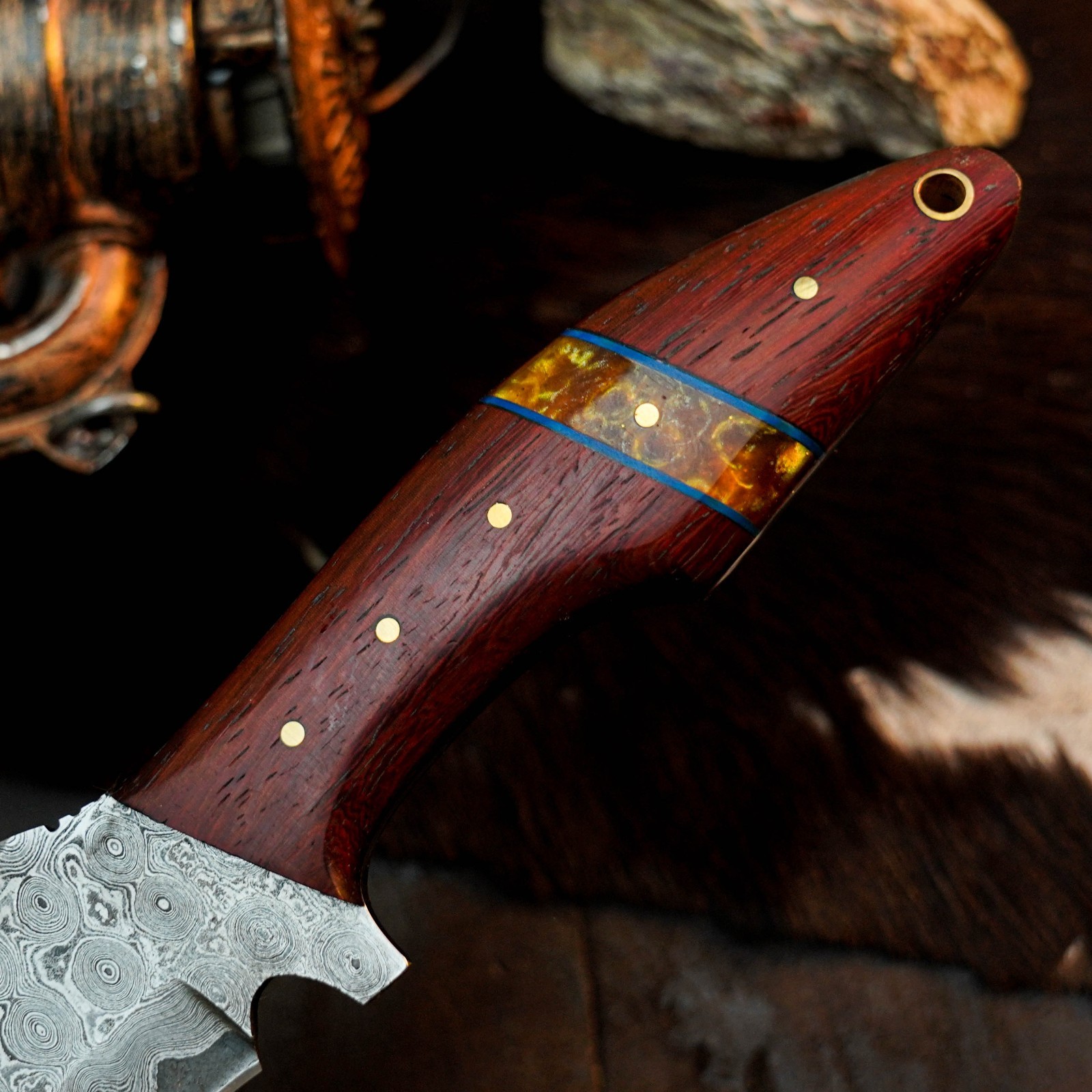 9.2 inch Handmade Damascus Hunting Knife Full Tang Paddock Handle Leather Sheath