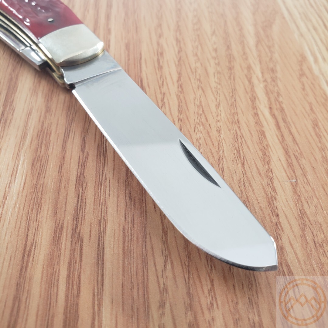 Queen Big Boy Trapper Pocket Knife 1095 Steel Blades Red Jigged Bone Handle 7555
