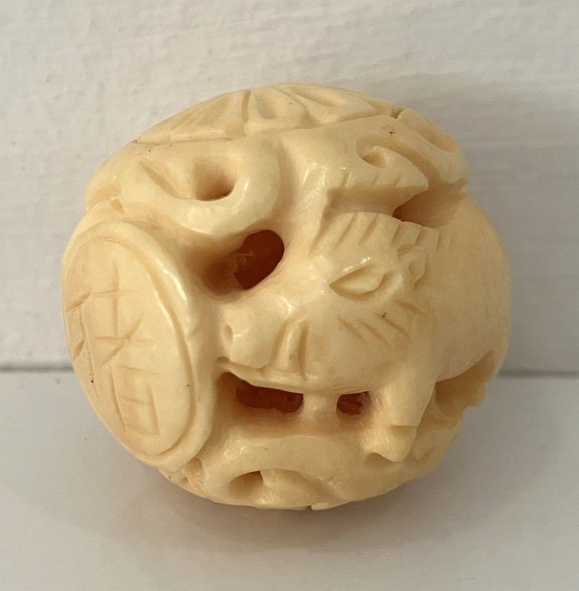 OJIME bead netsuke CHINESE ZODIAC YEAR OF THE PIG 1.25″ round carved resin