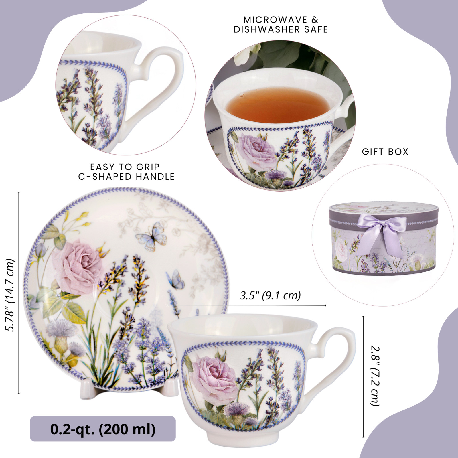 Lavender Rose Bone China Teacup and Saucer in Gift Box 250 ml Porcelain Cup