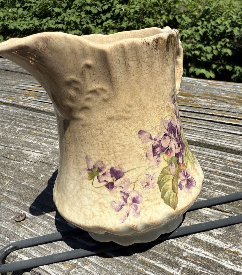 Stained Crazed White Ironstone Small Pitcher Printed Violets Mellor Etruria 5″