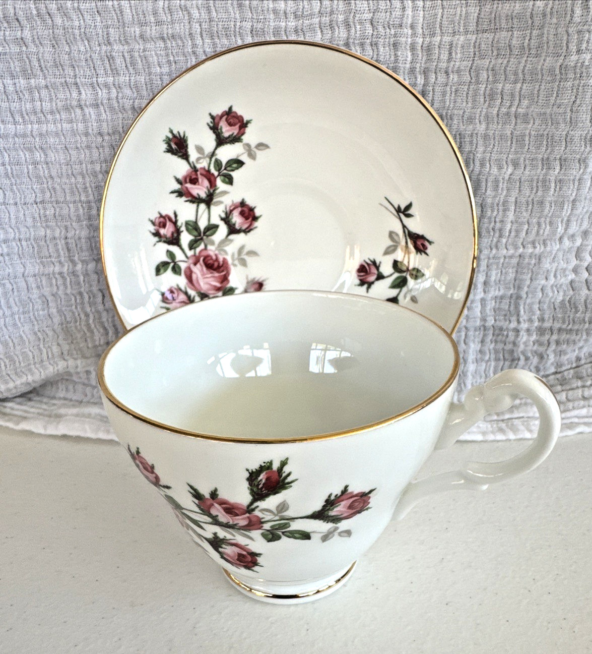 English Bone China Cup & Saucer Vintage White and Gold Pink Roses Hand Painted