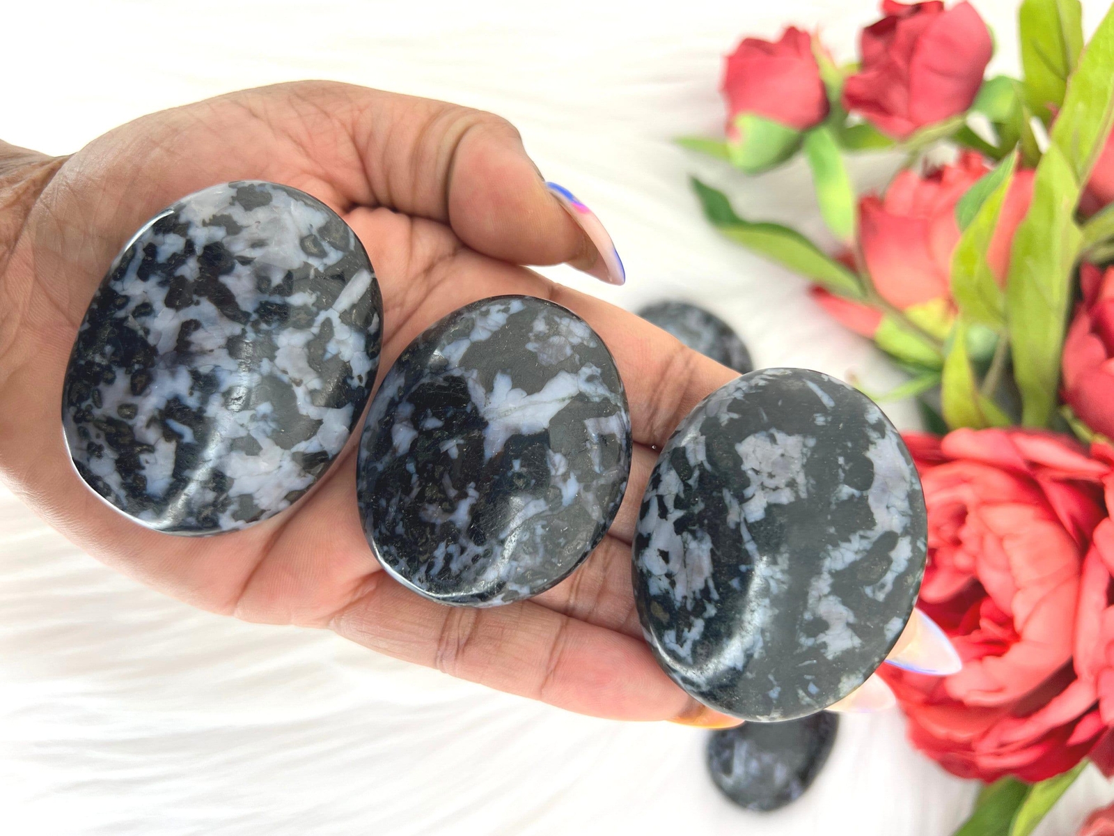 Mystic merlinite palm stone – indigo gabbro palmstone – mystic merlinite