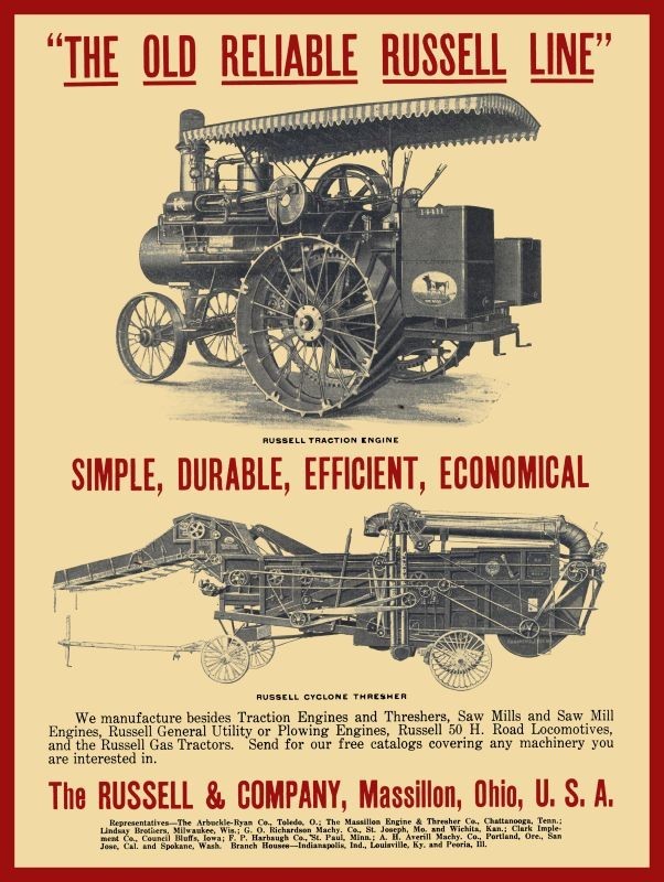 1911 Russel & Co. Massillon OhiO Steam Tractors, Threshers NEW METAL SIGN: 9×12″