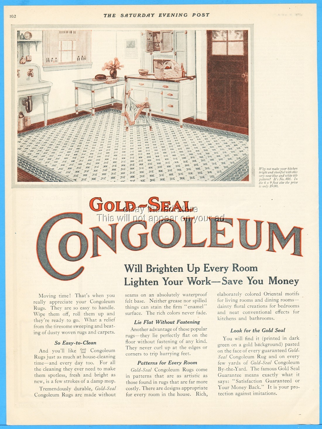 1923 Congoleum Gold Seal Rugs Pattern No 408 Vintage 1920s Kitchen Décor Ad