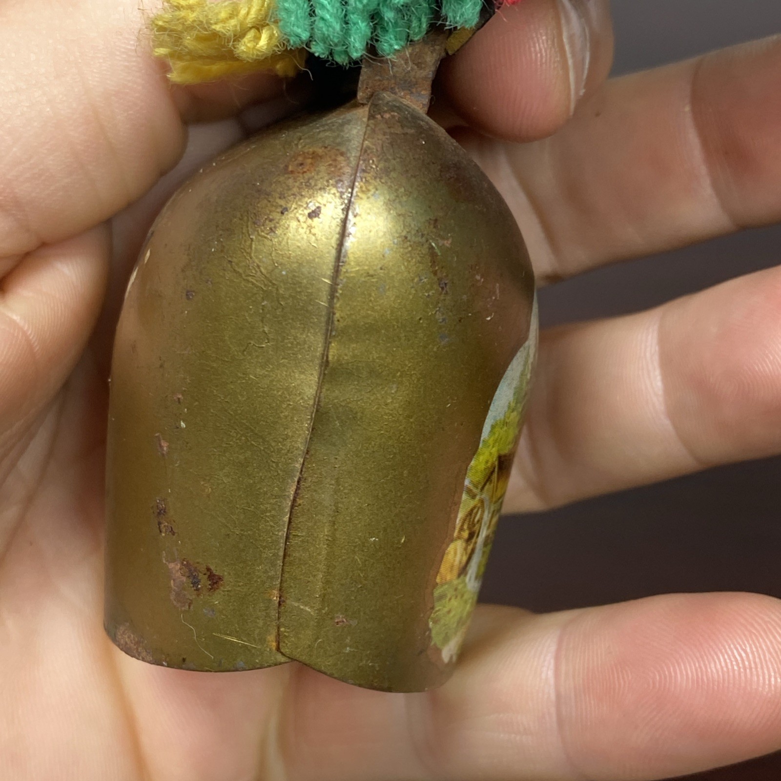 Brass Swiss Cow Bell Multi Color Fringed Leather Strap Vtg 6” Cottage Landscape