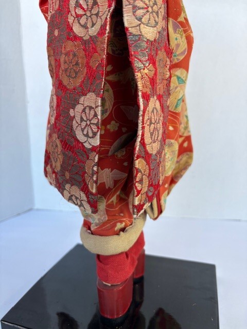 Vintage Japanese Geisha Doll In Traditional Kimono, Hand Made on Wood Base 18″
