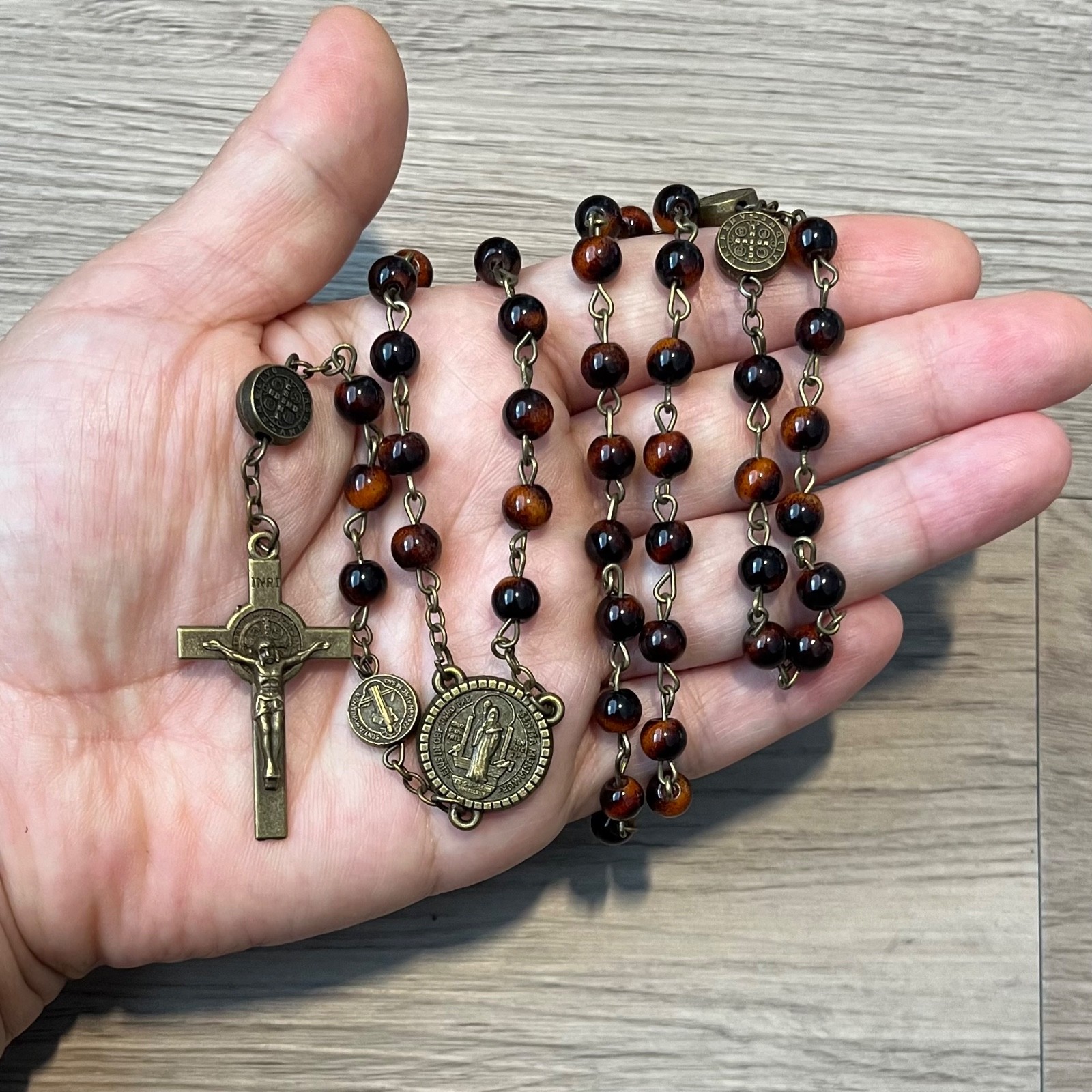 St Benedict Medal Rosary Bronze Beads 6mm with Pouch Rosario de San Benito