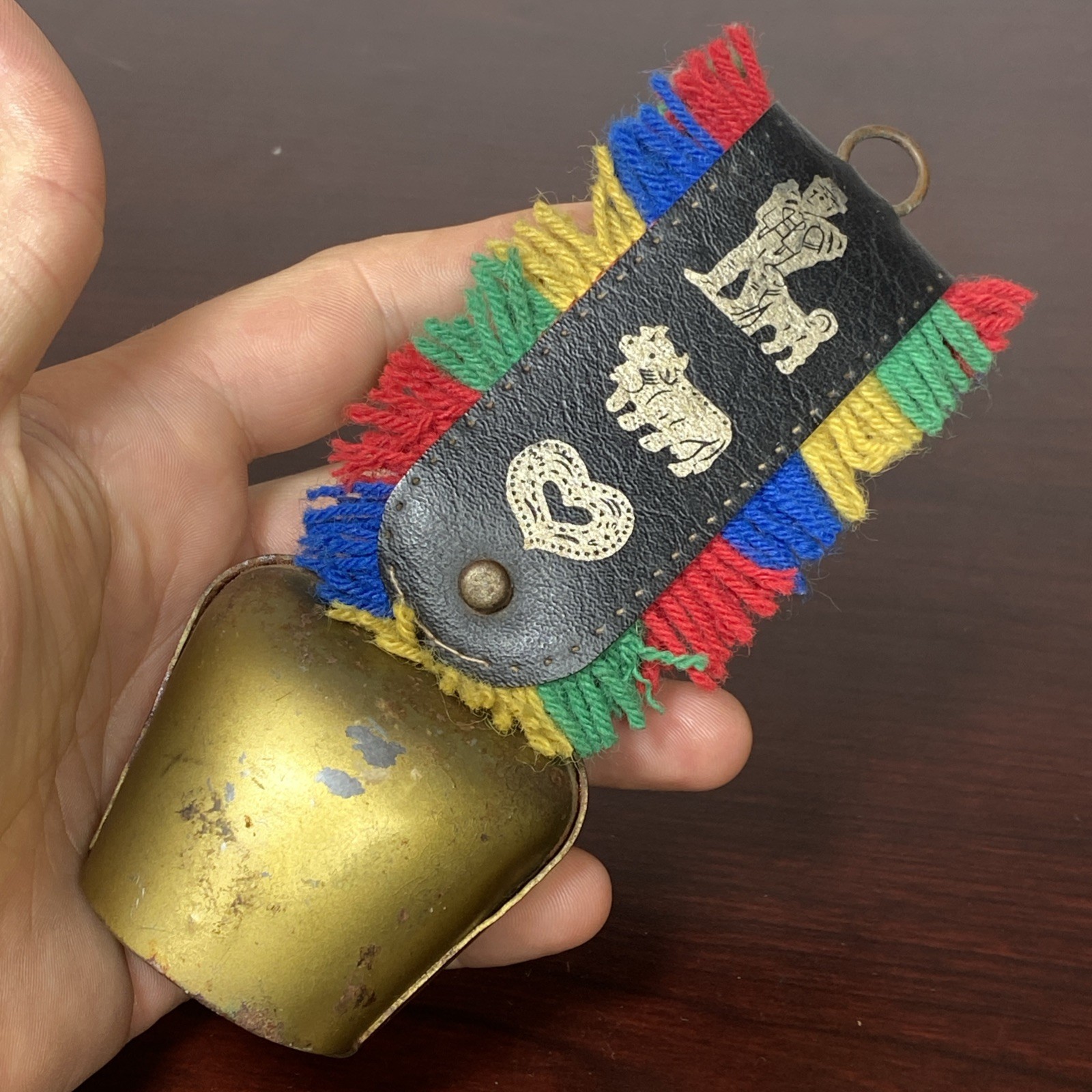 Brass Swiss Cow Bell Multi Color Fringed Leather Strap Vtg 6” Cottage Landscape