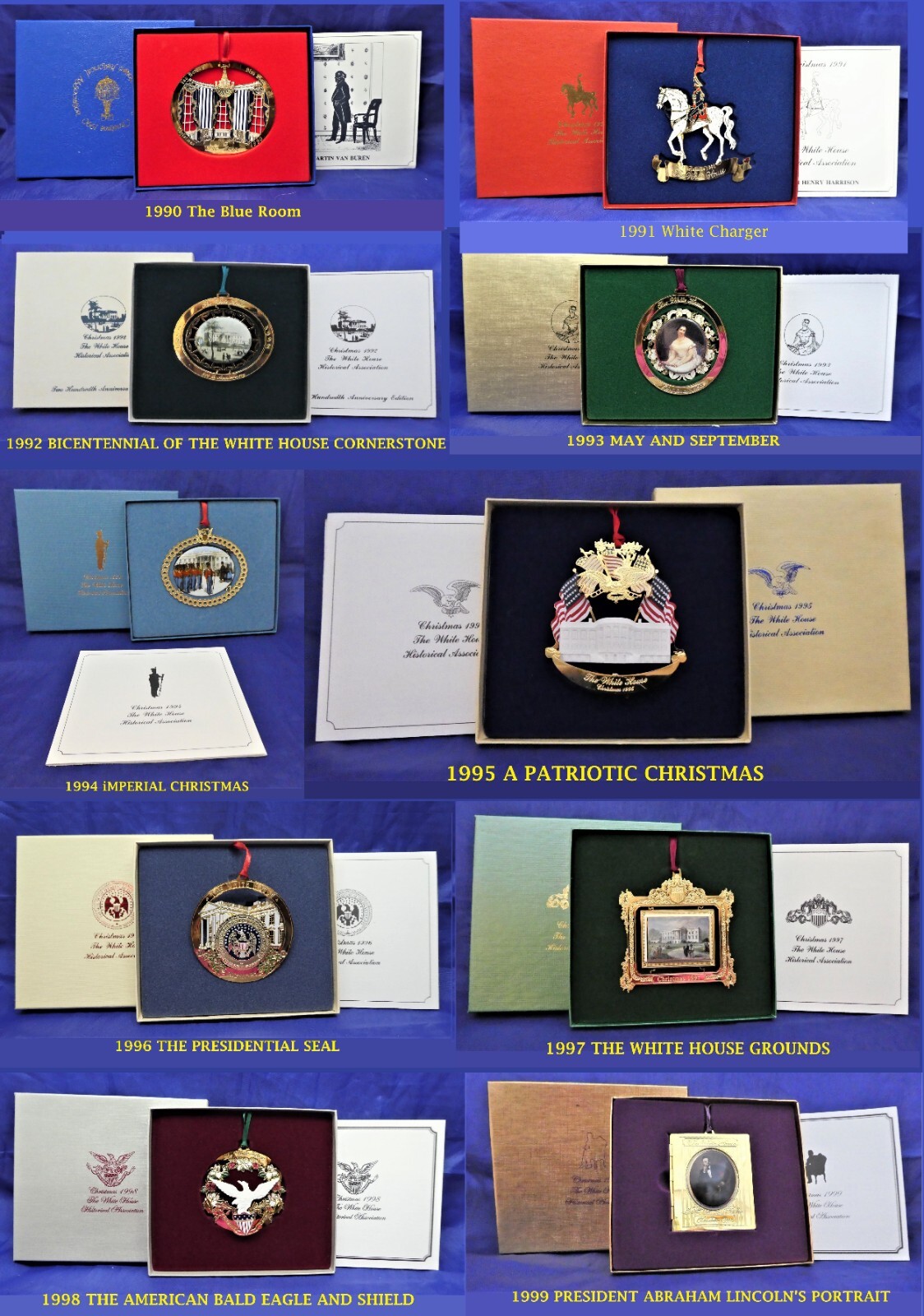 1990-1999 The White House Historical Association Ornaments Complete CHOICE LNIB