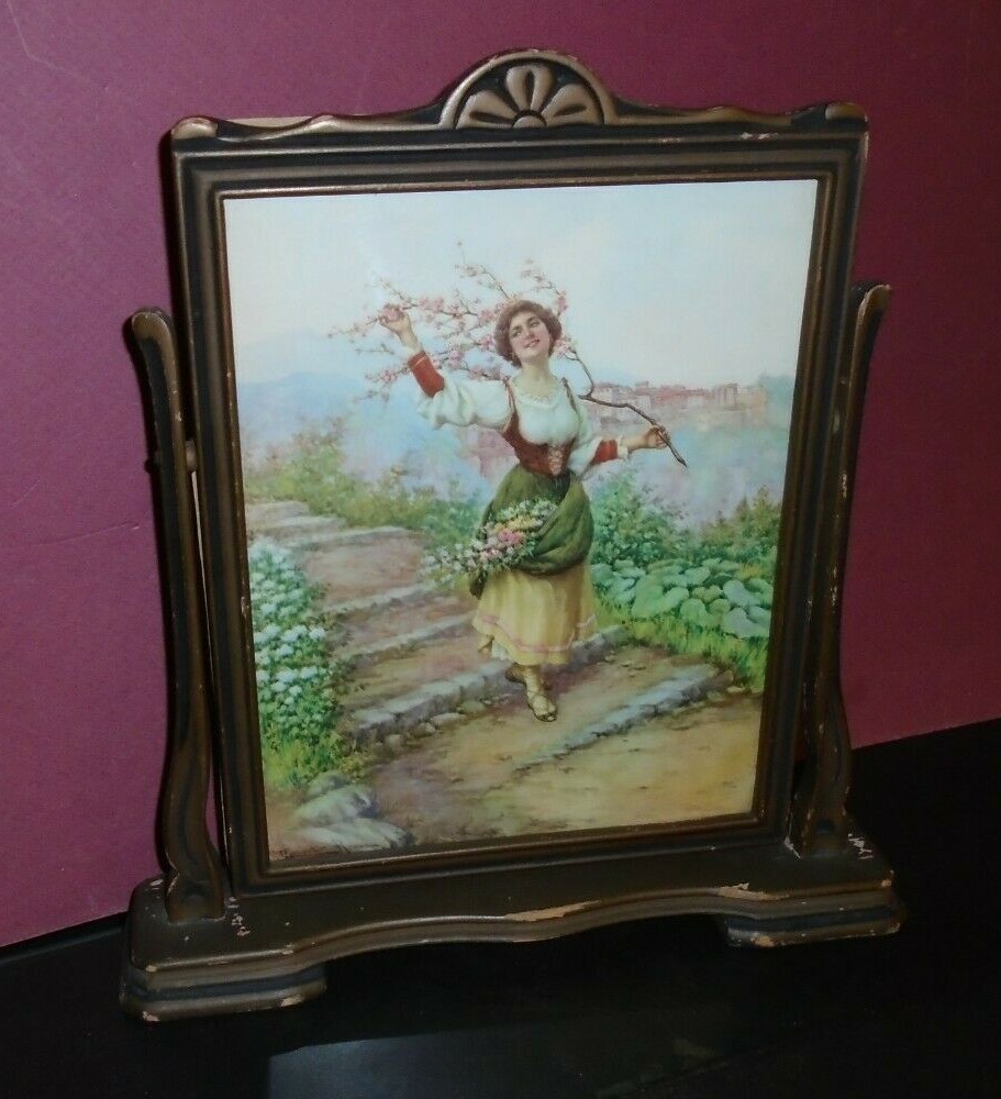 Tilt Frame Print Signed Ceranti Roma Lady Flower Opening 7.5″x9.5″ VTG Free Ship
