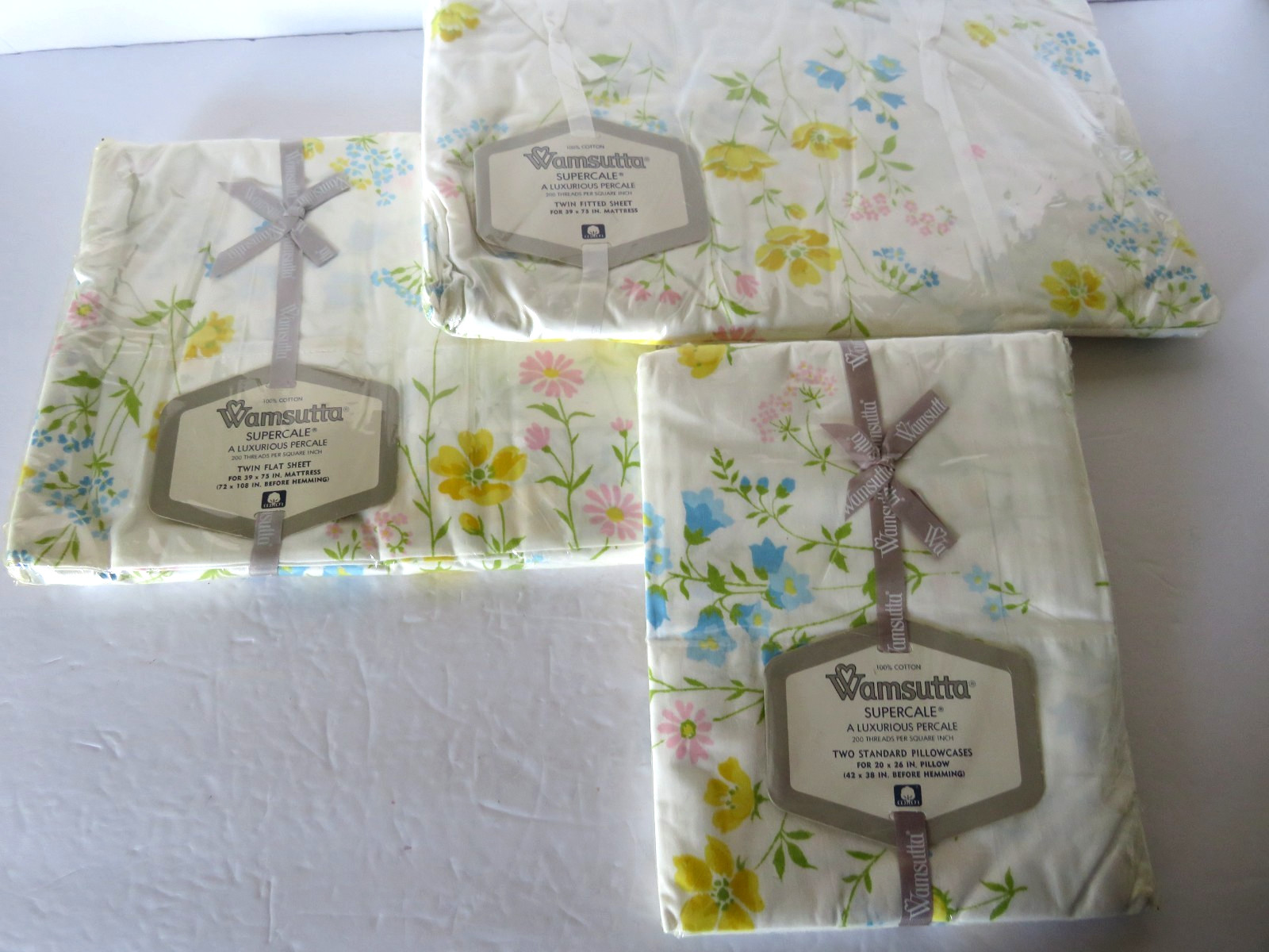 Vtg Wamsutta Twin Sheet Set Multi-Color Floral Supercale Flat Fitted Pillowcases