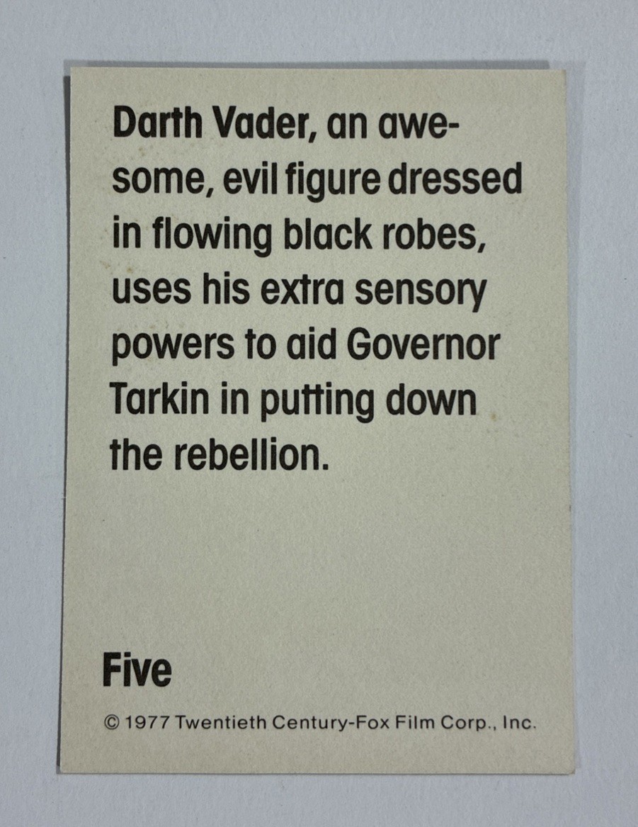 Star Wars Darth Vader 5 Near Mint NM Wonder Bread 1977