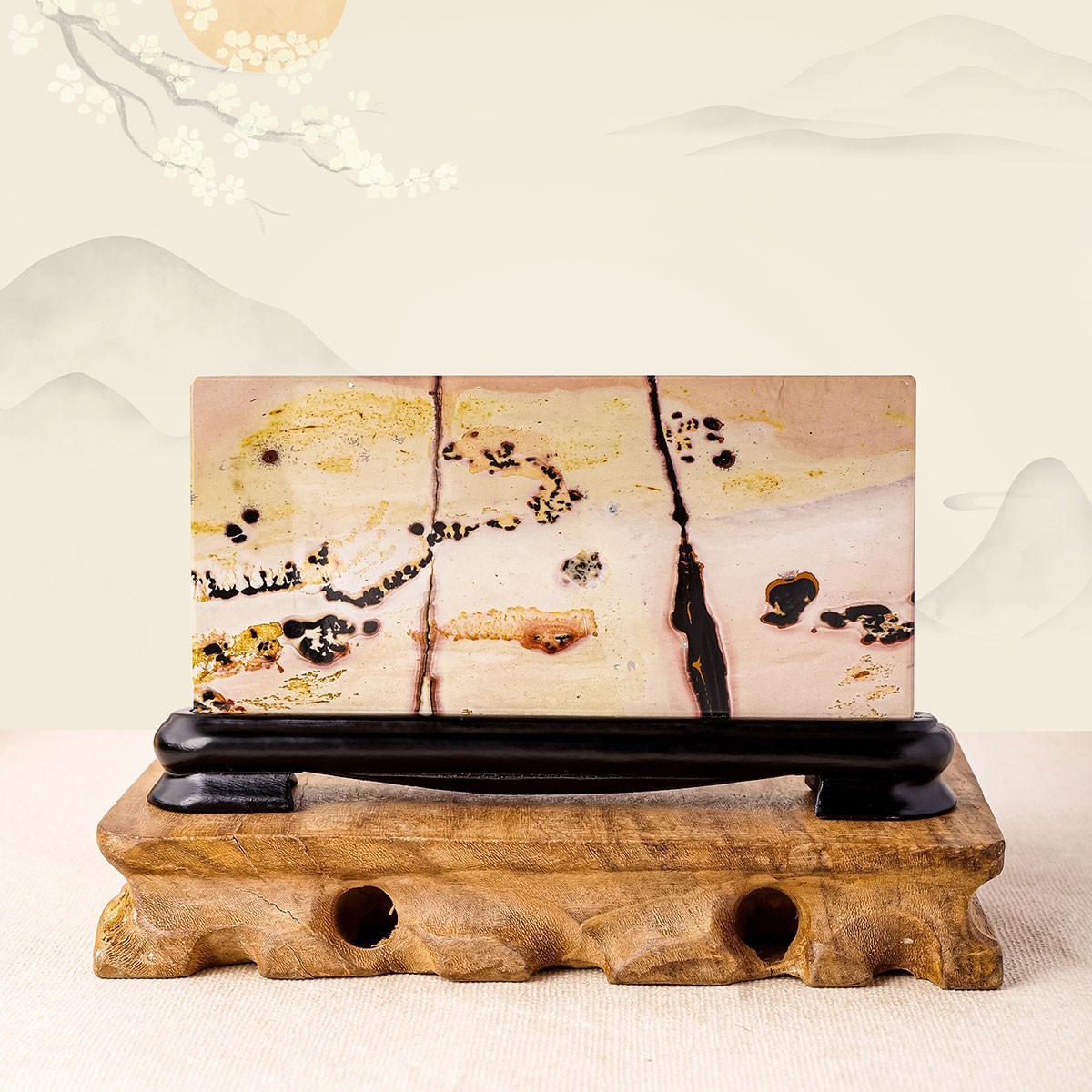 Rare Natural Chinese Painting Stone Landscape Specimen With Wooden Stand Home