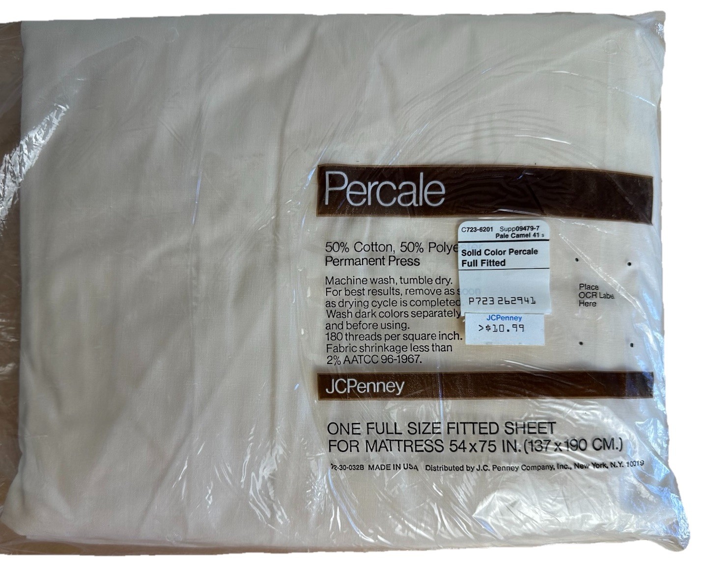 NOS Vintage JC Penny Full Fitted Sheet 54×75, Pale Camel PERCALE Easy-Care