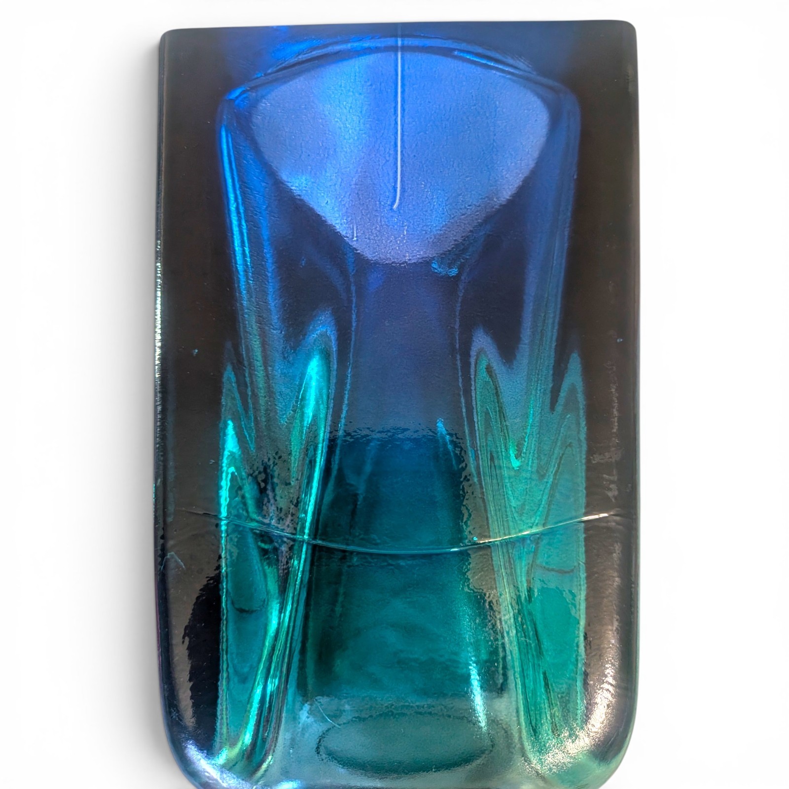 Vtg Heavy Art Glass Block Vase Cobalt Blue to Teal Ombre Square Tapered 8.5″