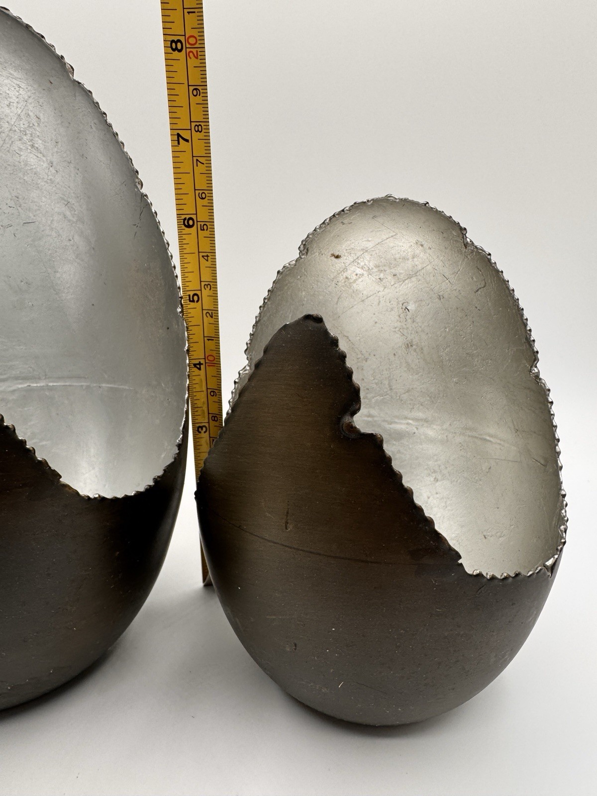 Handcrafted Cracked Egg Metal Sculptures Set 2 Black Silver Decor India