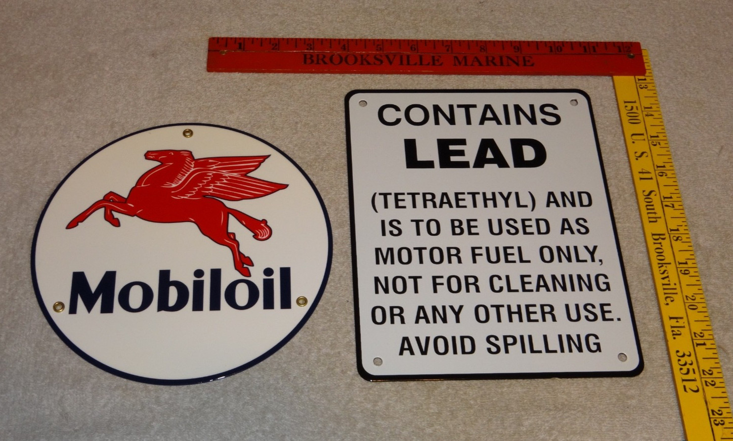 VINTAGE LOT 2 DIECUT PORCELAIN MOBIL MOBILOIL & GASOLINE CONTAINS LEAD OIL SIGN