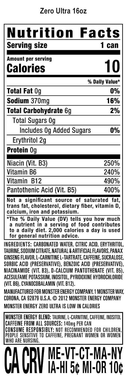 Monster Energy, Zero Ultra, Sugar Free Energy Drink, 4 Pack – 16 Fl Oz