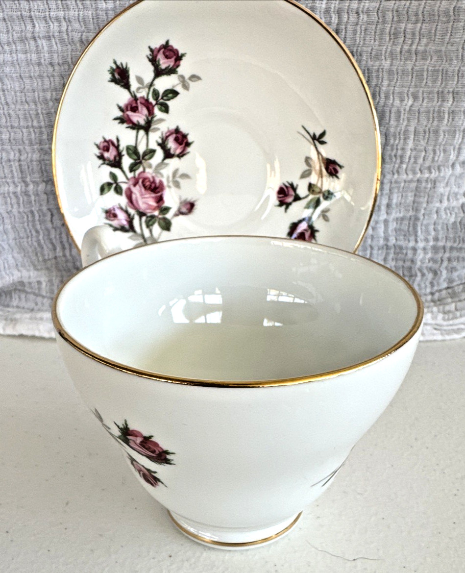 English Bone China Cup & Saucer Vintage White and Gold Pink Roses Hand Painted