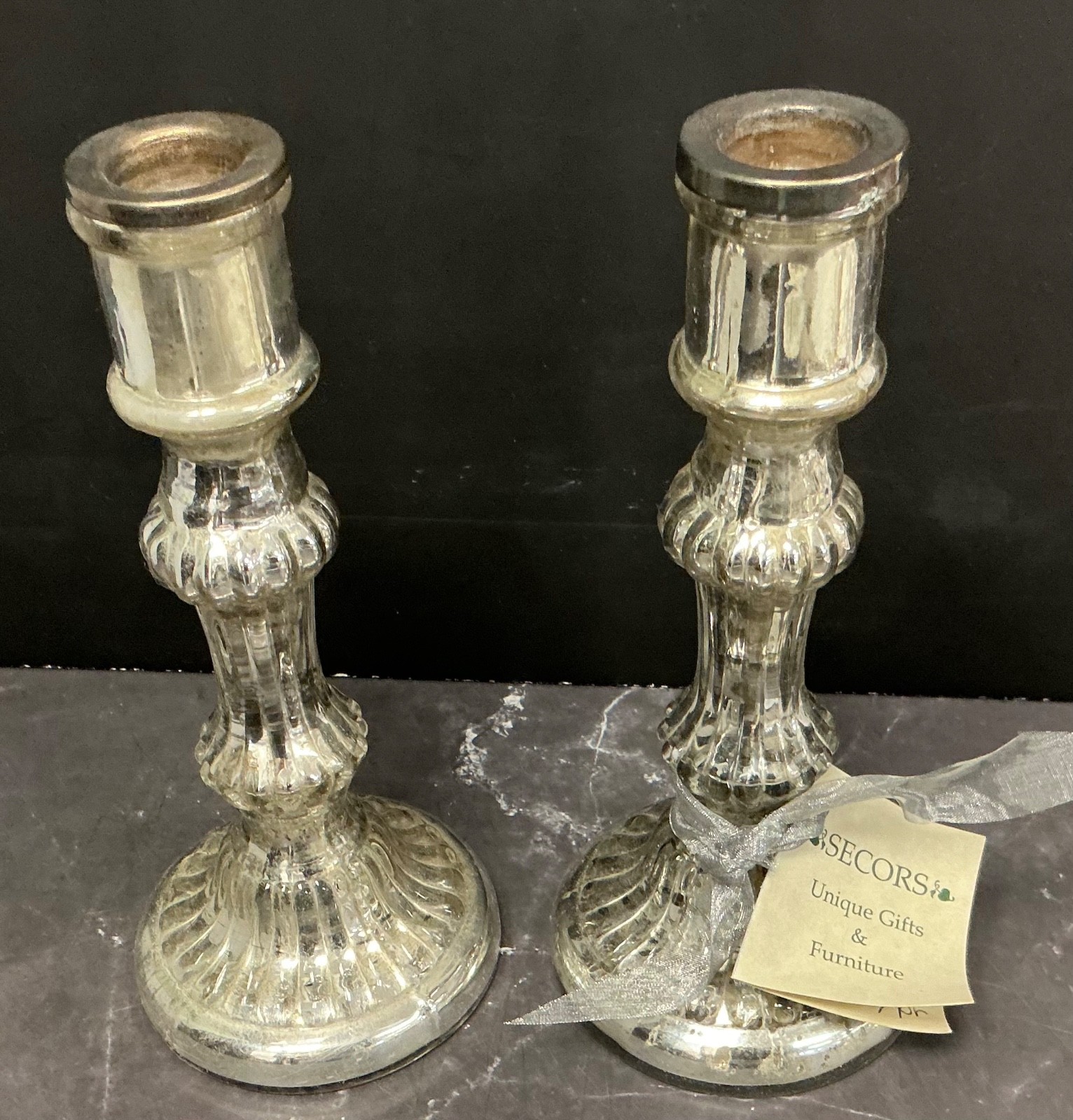 Pair of Antique American Mercury Glass Candlestick Holder 8”
