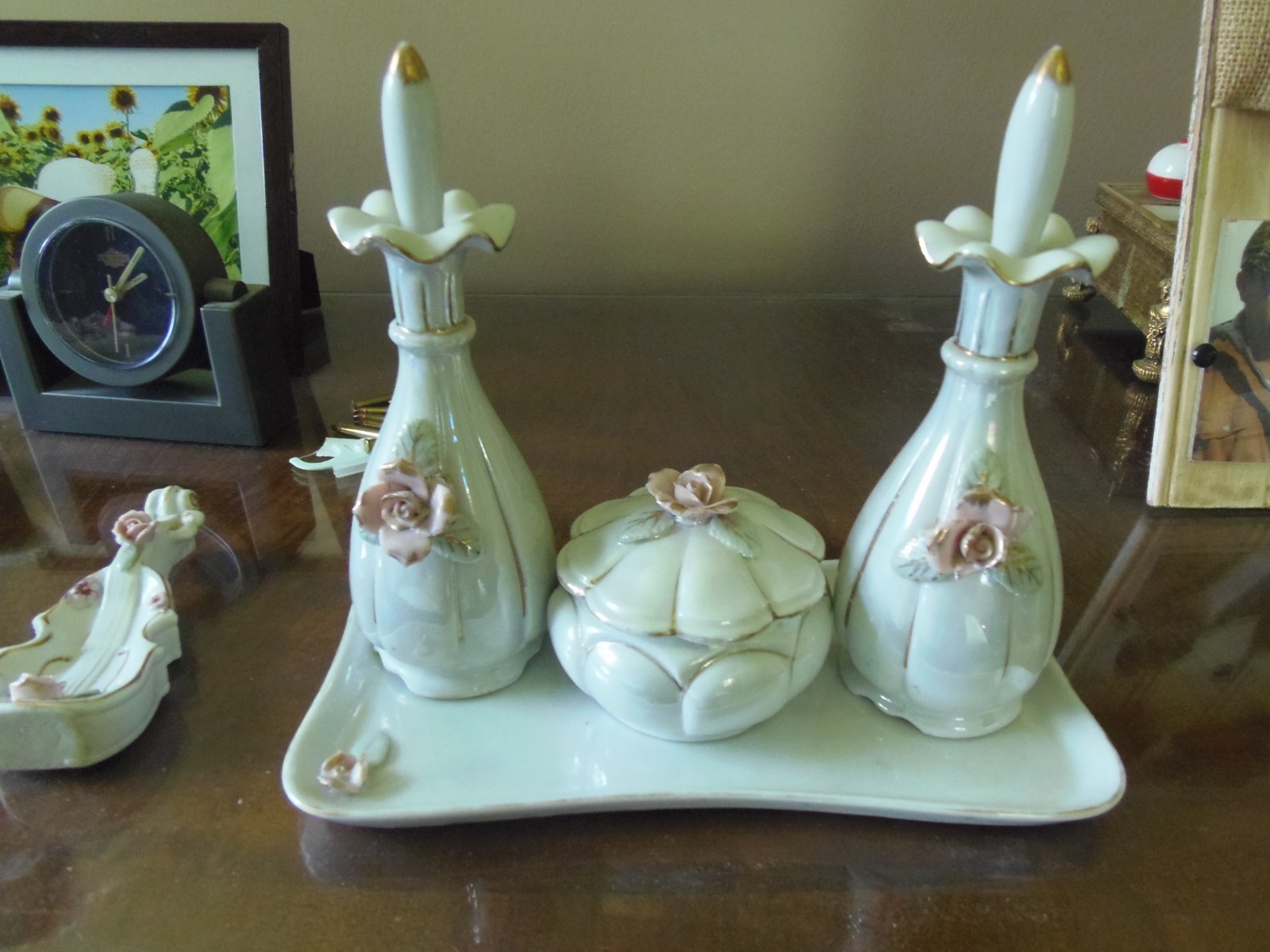 Vintage Porcelain Bone China Dresser Tray Set, Japan, White w/Pink Roses