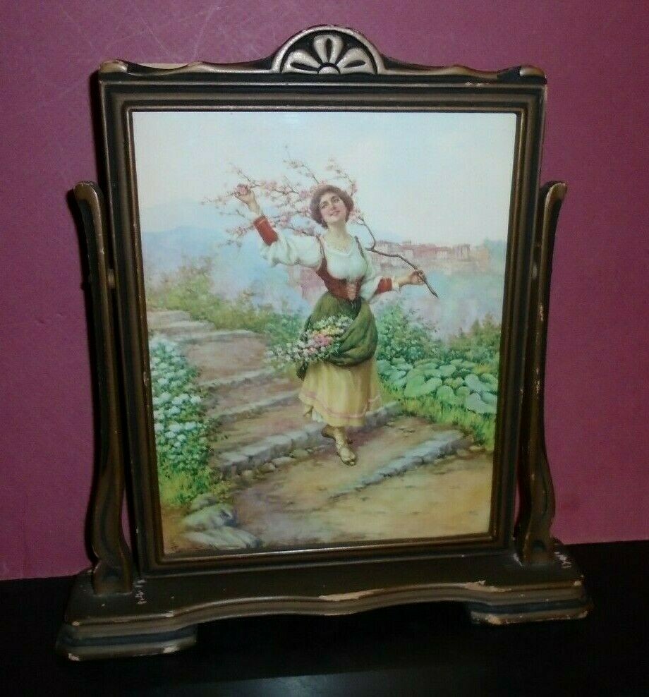 Tilt Frame Print Signed Ceranti Roma Lady Flower Opening 7.5″x9.5″ VTG Free Ship