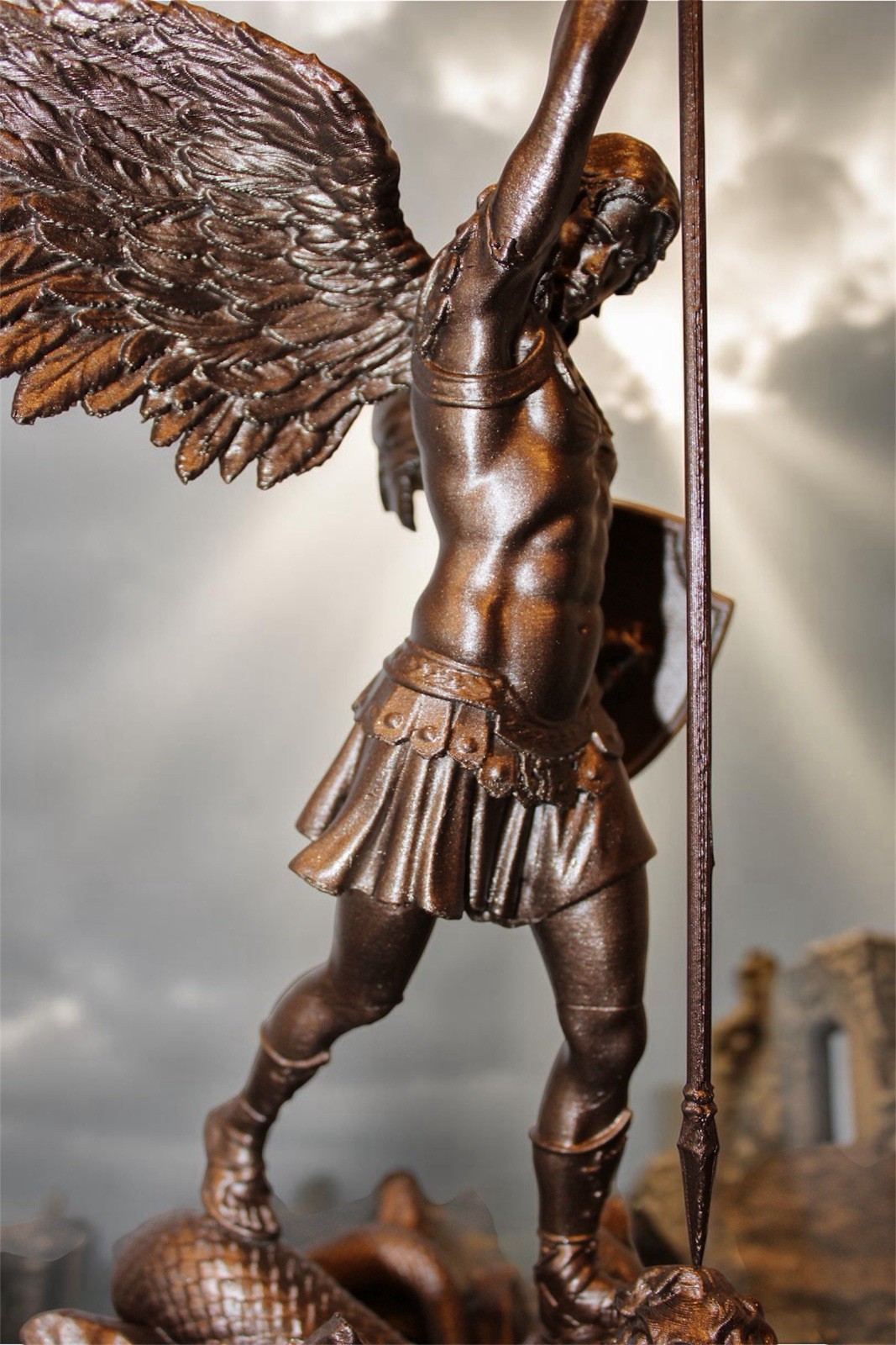 LARGE 15″ St Michael Archangel Tramples Demon Statue Bronze Finish 3D Printed