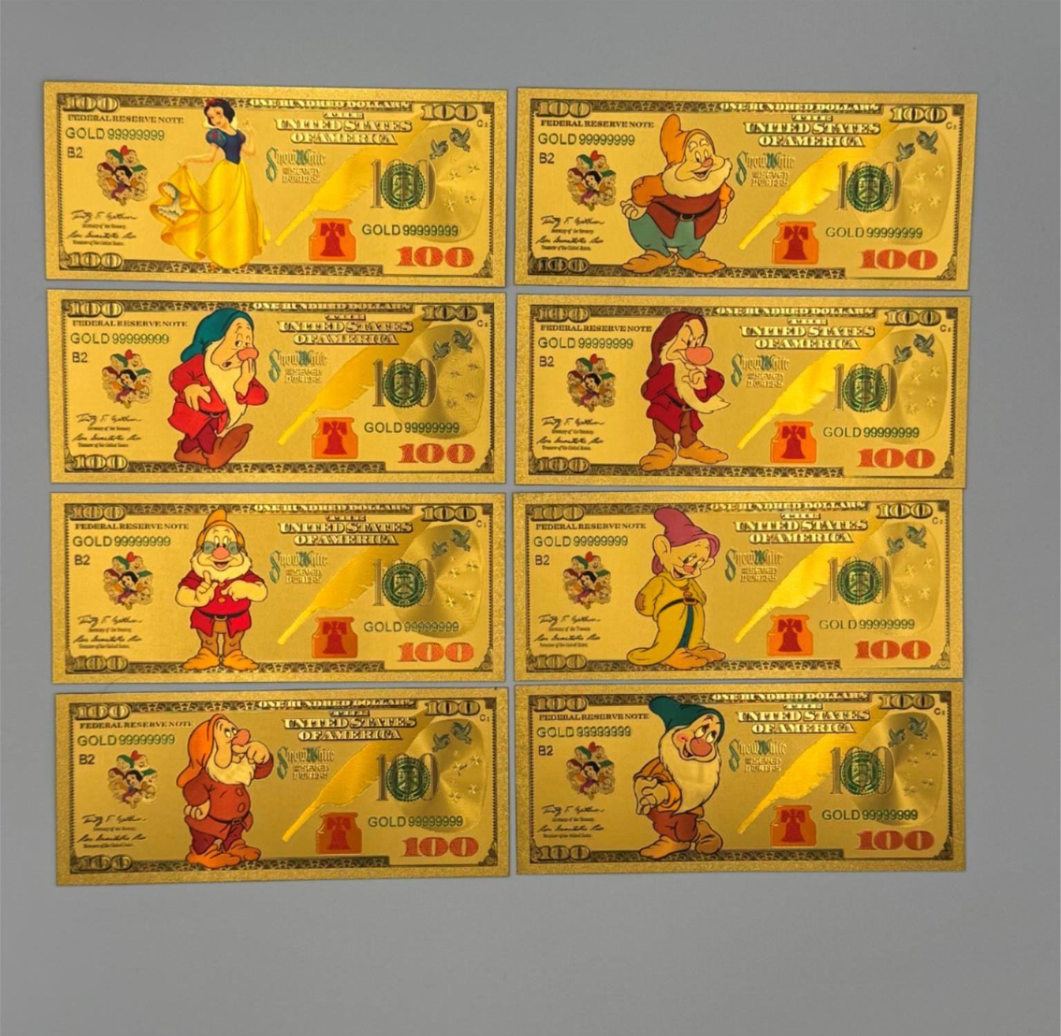 24k Gold Foil Disney Snow White & the Seven Dwarfs Banknote Set Collectible