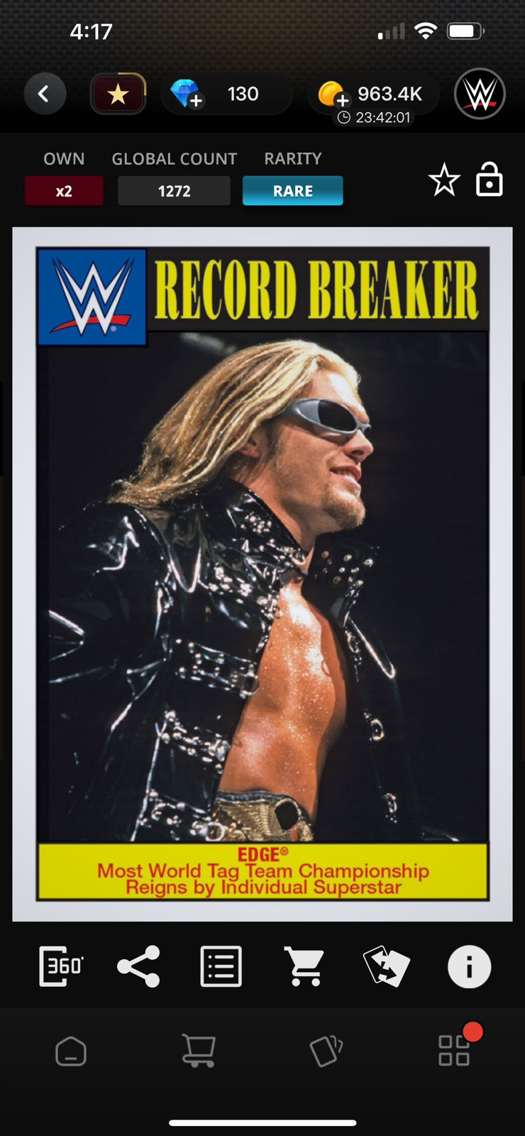 DIGITAL Wwe Topps Slam 2016 Heritage Record Breaker 1272cc Rare! Edge
