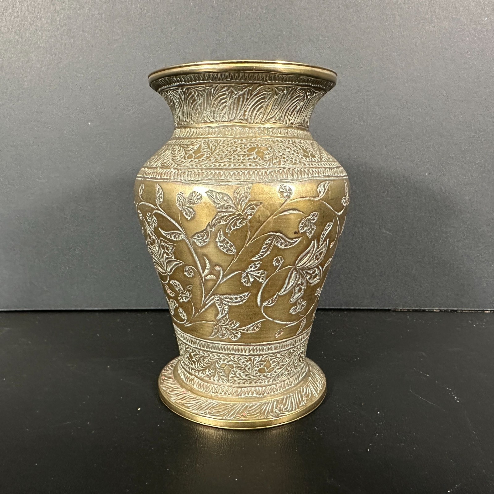 VTG Brass Hand Etched Vase Urn Floral Pattern Middle Eastern Art 4.25in Patina