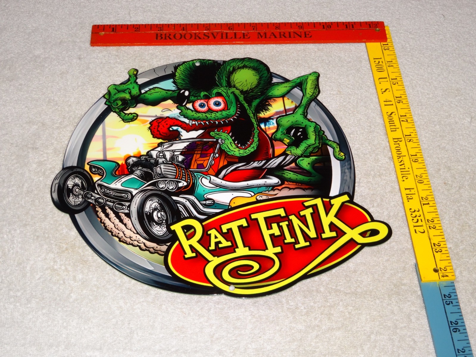 VINTAGE RATFINK DRIVES CUSTOM ROADSTER HOT ROD METAL GASOLINE OIL RAT FINK SIGN!