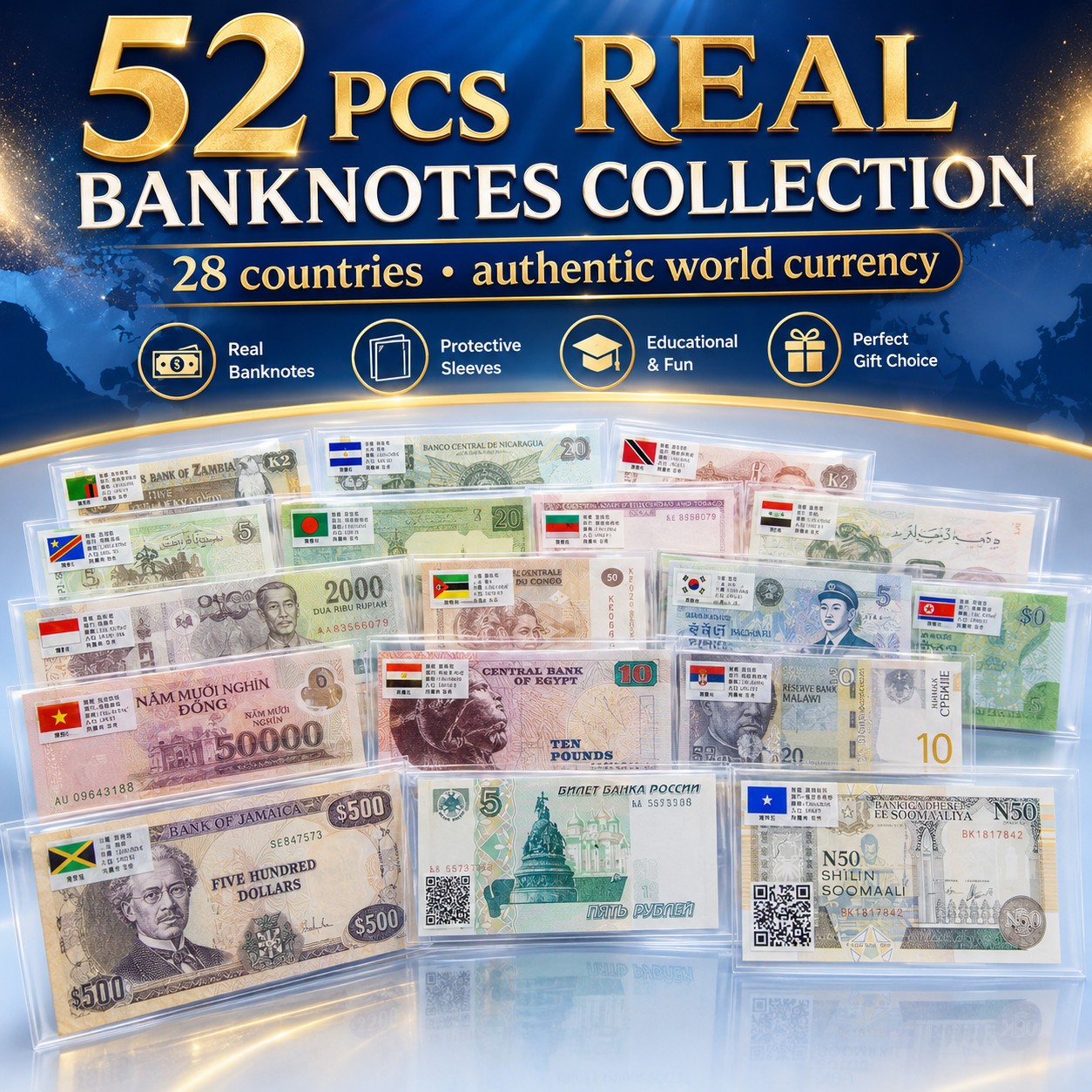 Lots 52 Pcs Different World Banknotes Paper Money Foreign UNC Collection Gift