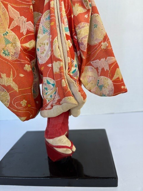 Vintage Japanese Geisha Doll In Traditional Kimono, Hand Made on Wood Base 18″