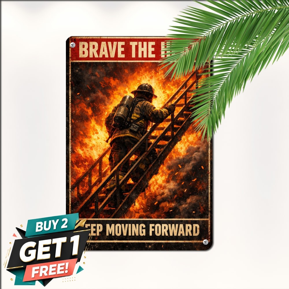 Firefighter Climbing Ladder Flames Bold Quote Tin Sign