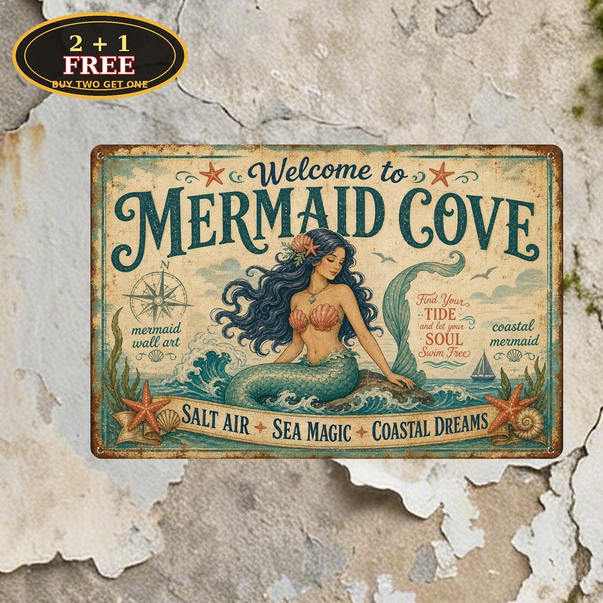 Mermaid Cove Weatherproof Outdoor Beach Ocean Cave Plaque Metal Sign 8×12