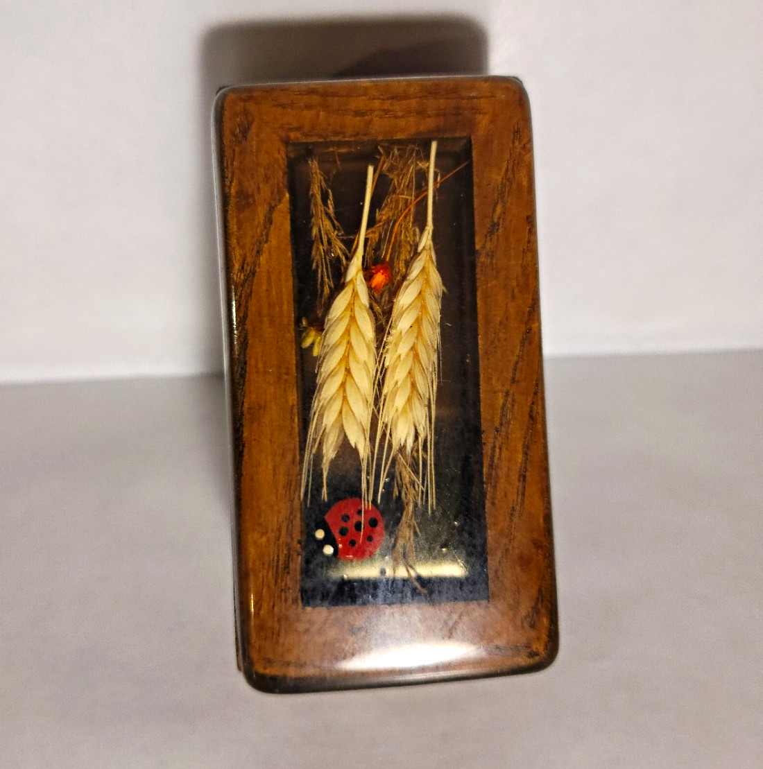 Small Wooden Trinket Box w/ Lid, Wheat & Ladybug Inlay, Brown Rectangle
