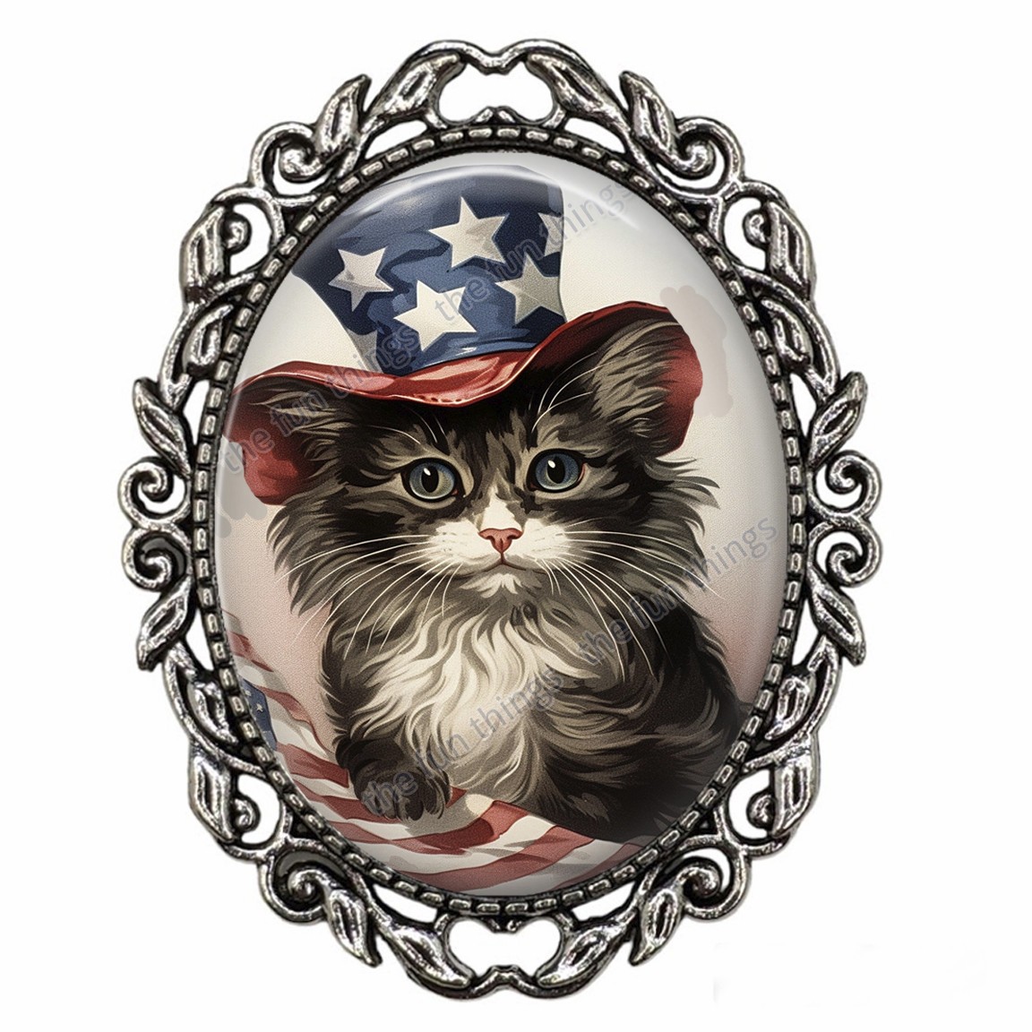 Proud Patriotic Kitty Cat Brooch Vintage Pin Antique Silver Glass Cat Lady Gift