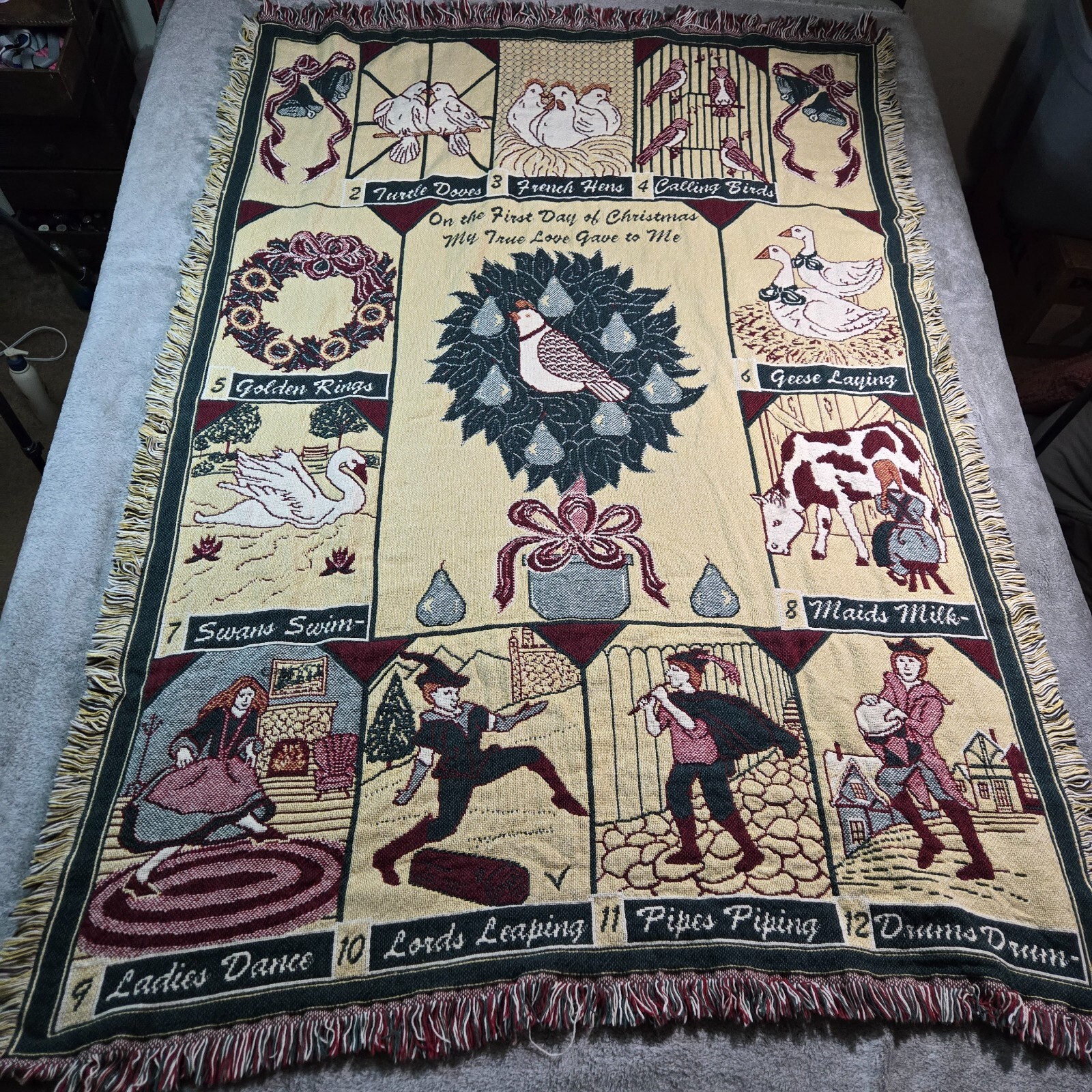VTG 90s 12 Days of Christmas Tapestry Fringed Blanket 45 X 60 Afghan Throw Wall