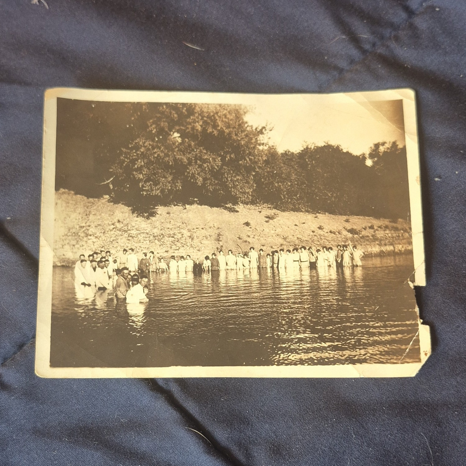 Vintage Sepia Landscape Photo Print Group of People Standing in River