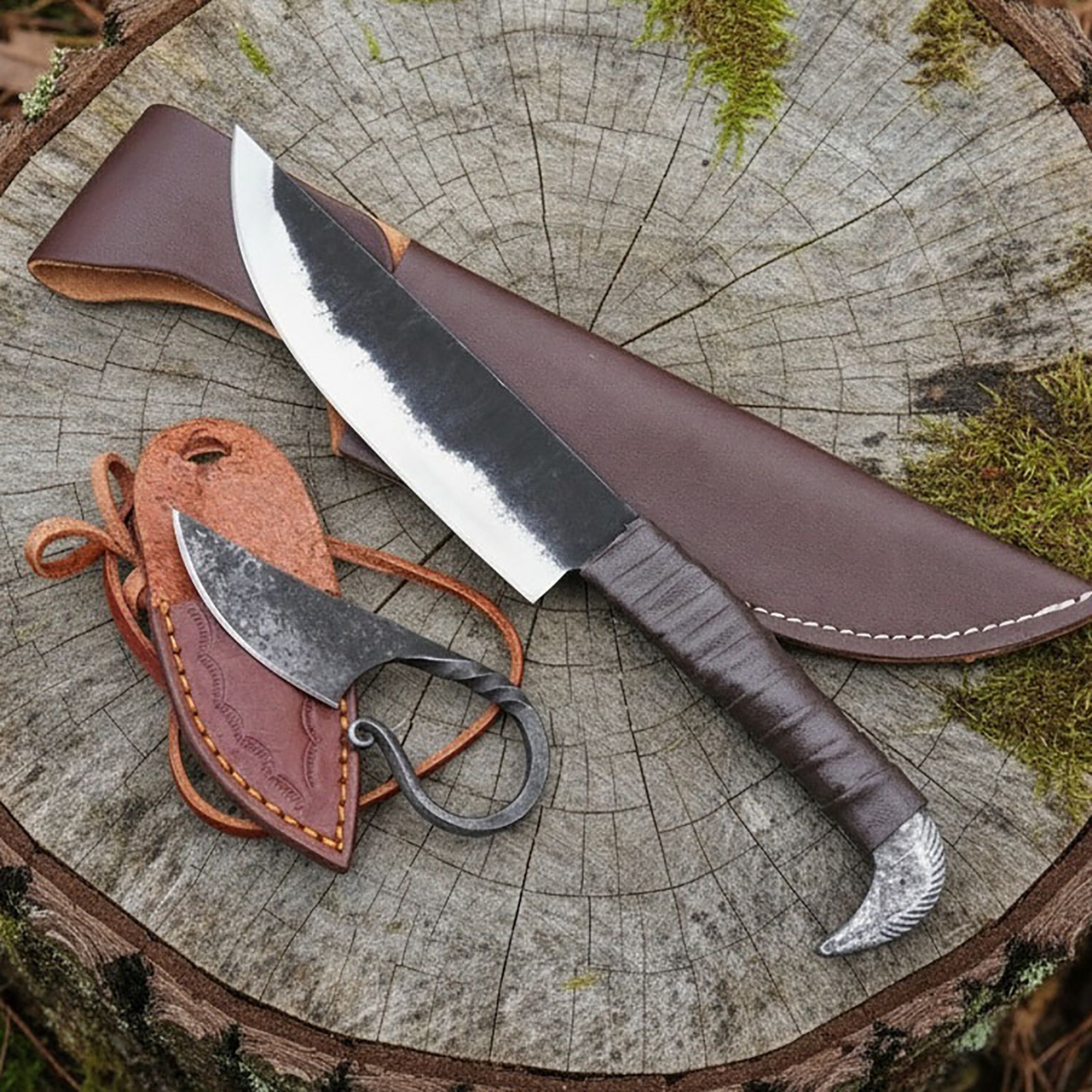 Custom Viking Knife Set 2-Piece Carbon Steel – Raven Head 9.5” Handmade Knife