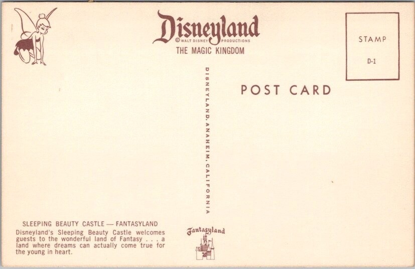 Vintage 1950s DISNEYLAND Fantasyland Postcard SLEEPING BEAUTY CASTLE #D-1 Unused