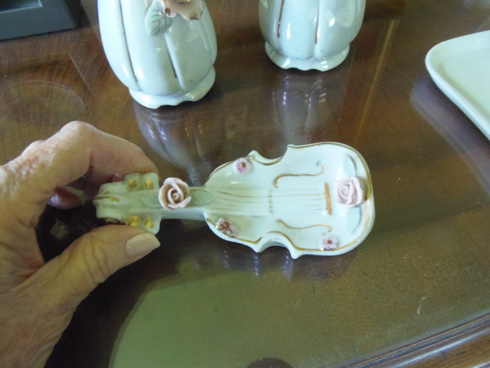 Vintage Porcelain Bone China Dresser Tray Set, Japan, White w/Pink Roses
