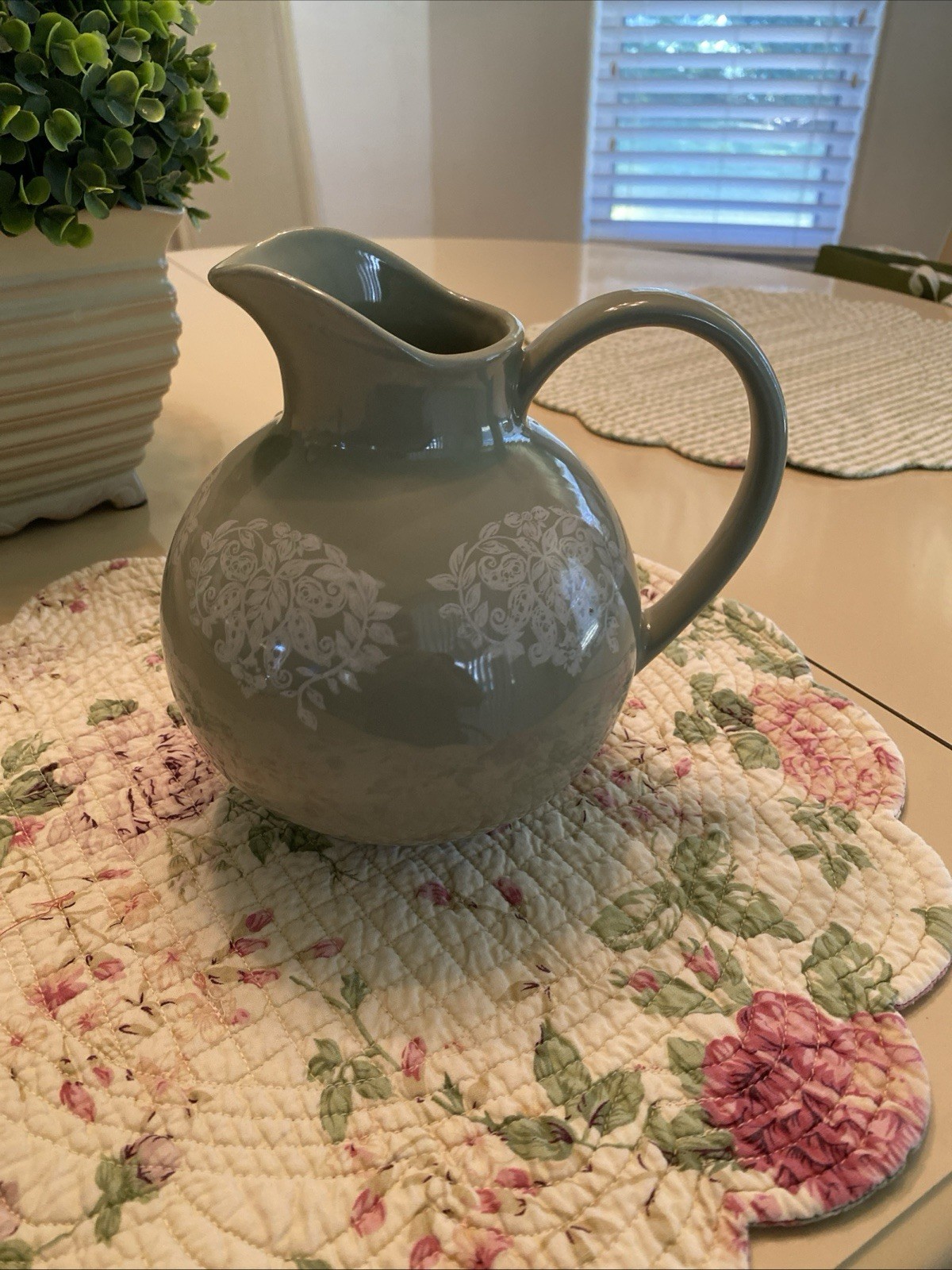 Vtg 7″H Ceramic Pottery Pitcher Glazed Sage Green Decorative W/ Curved Handle
