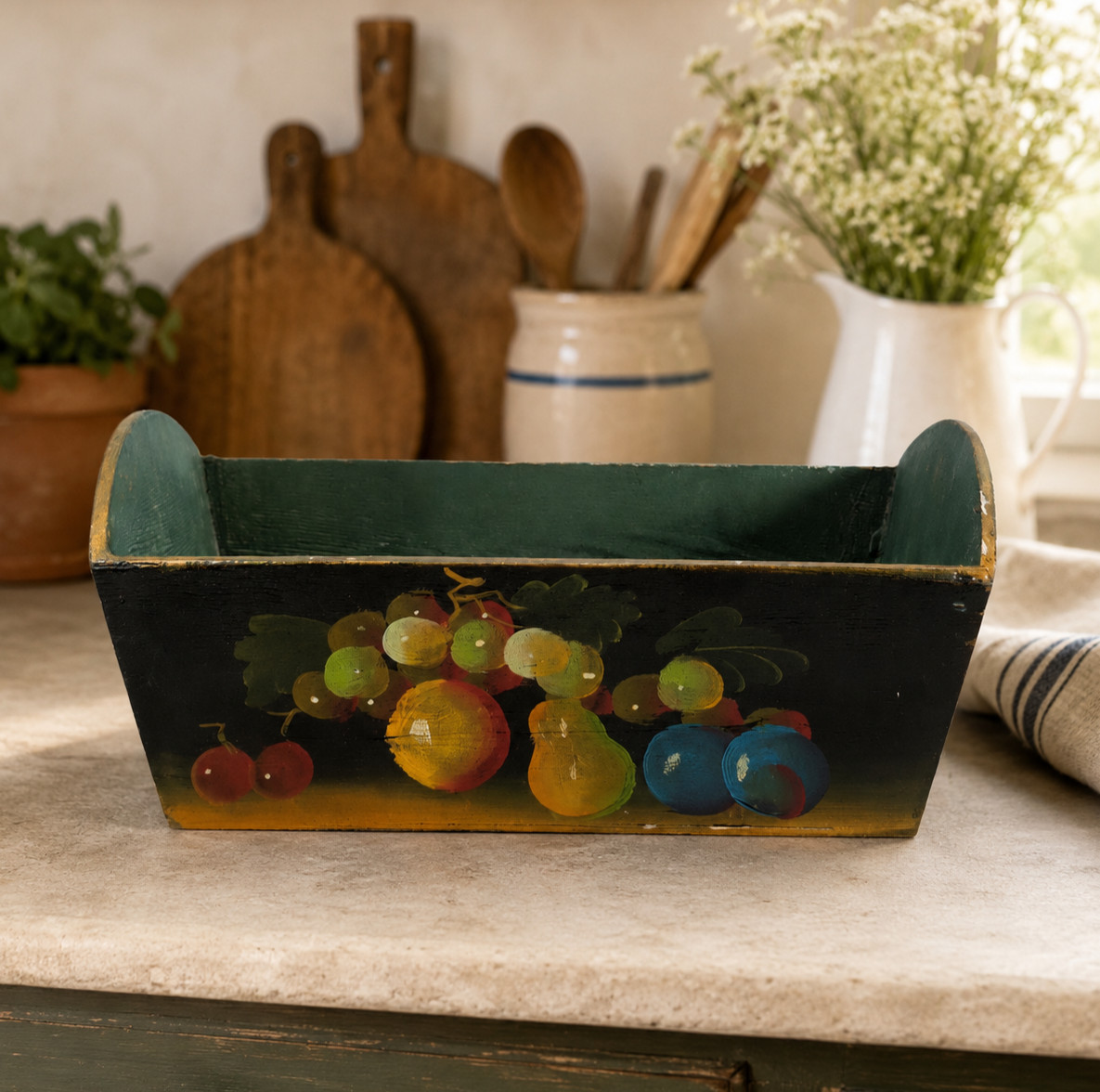 VTG Green Wooden Box Organizer w/ Hand-Painted Fruit Design | Primitive Folk Art