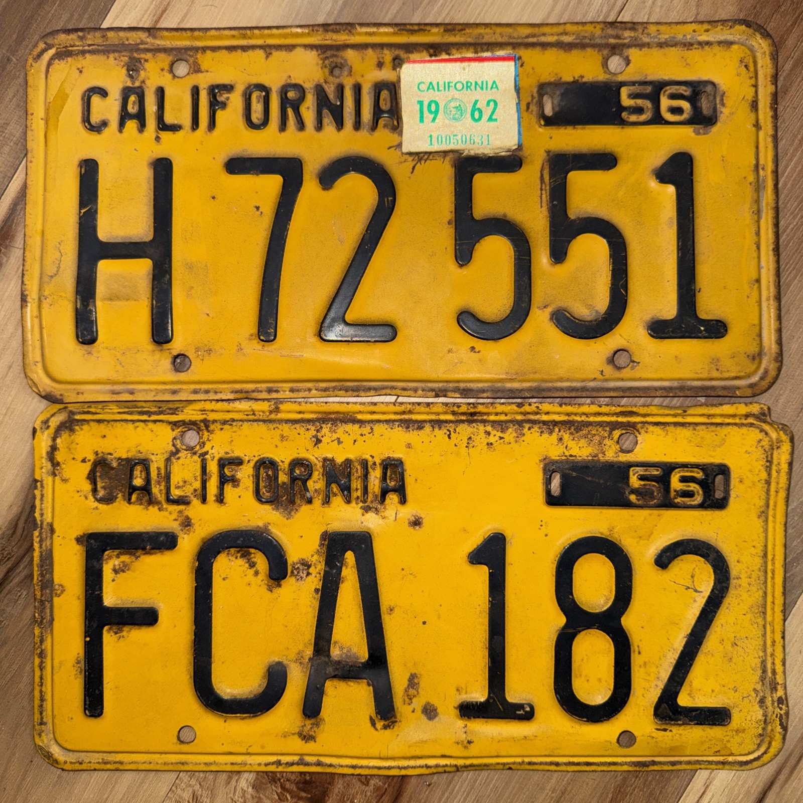 Vintage 1956 California License Plates – Yellow w/ Black Letters – Pair