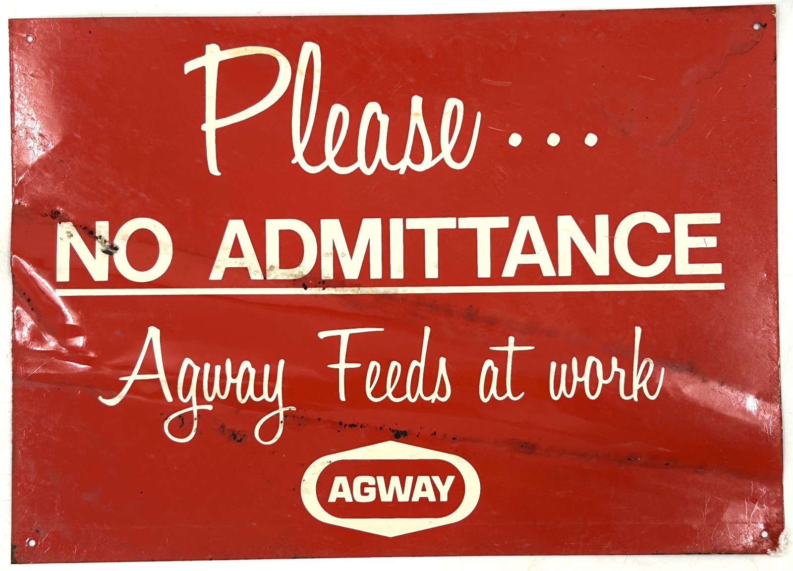 Original 1960’s AGWAY NO ADMITTANCE/AGWAY FEEDS AT WORK Tin Sign – 14″x 10″